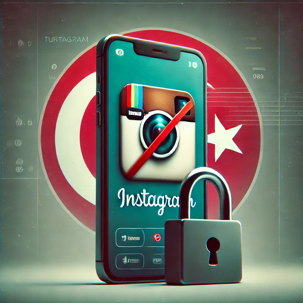 DALL·E 2024-08-09 01.28.29 - A news-style graphic representing the ongoing Instagram ban in Turkey. The visual includes a smartphone with the Instagram app icon crossed out in red